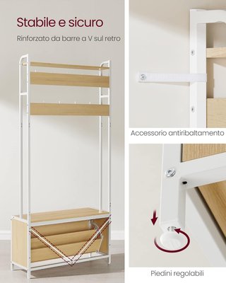 Perchero Con Zapatero Plegable, Mueble De Entrada, Con Banco, 9 Ganchos Y Estante Superior, para Pasillo Dormitorio, Estilo Moderno, Roble Y Blanco HSR405W09
