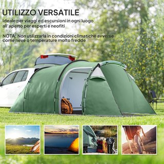 Tenda da Campeggio in Tunnel per 2-3 Persone, Tenda Familiare da Campeggio a 3 Posti con Area Soggiorno e Camera da Letto, Porte, Finestre Laterali e Borsa di Trasporto, 426X206X154 Cm