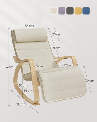 Sedia a dondolo con braccioli in legno di abete, poltrona a dondolo con poggiapiedi regolabile in 5 posizioni, capacità massima 150 kg, soggiorno, camera dei bambini, beige LYY10M