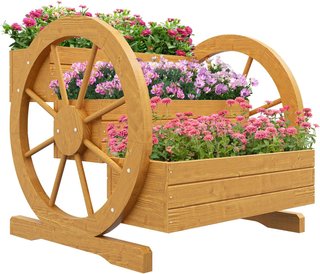 Jardinera Exterior de 3 Niveles con Orificios de Drenaje, Jardinera de Madera de Abeto con Ruedas Decorativas, 62X61X57 Cm, Color Teak