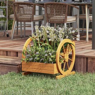 Jardinera Exterior de 3 Niveles con Orificios de Drenaje, Jardinera de Madera de Abeto con Ruedas Decorativas, 62X61X57 Cm, Color Teak