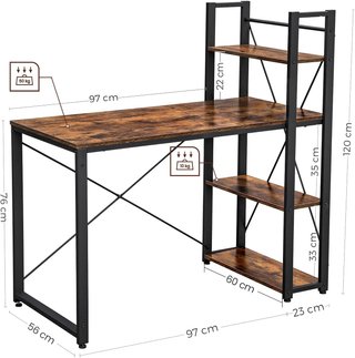 Escritorio, Mesa para Ordenador con Estantes a la Derecha o a la Izquierda, Mesa de Oficina de 120 cm, para Estudio, Oficina en Casa, Montaje Fácil, Marrón Vintage y Negro LWD48X