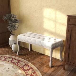 Banco de Dormitorio Vintage con Botones, Banco Tapizado con Patas de Madera para Entrada, Pasillo y Sala de Estar, 110X40X48Cm, Beige