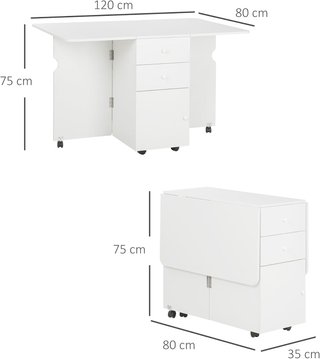 Mesa de Cocina Plegable con 2 Cajones y Armario con Puertas, Mesa Plegable con 6 Ruedas de Aglomerado, 120X80X75 Cm, Blanca