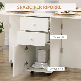 Mesa de Cocina Plegable con 2 Cajones y Armario con Puertas, Mesa Plegable con 6 Ruedas de Aglomerado, 120X80X75 Cm, Blanca