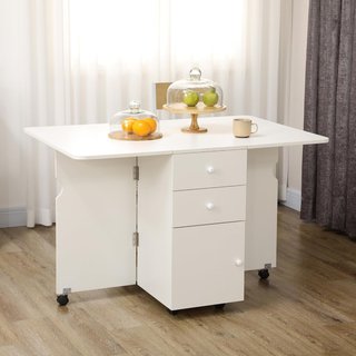 Mesa de Cocina Plegable con 2 Cajones y Armario con Puertas, Mesa Plegable con 6 Ruedas de Aglomerado, 120X80X75 Cm, Blanca