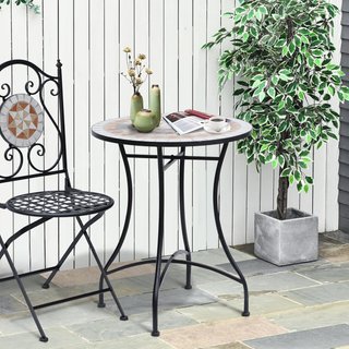 Tavolo da Giardino con Piano in Ceramica Decorazione a Mosaico in Acciaio Φ60 X 71 Cm