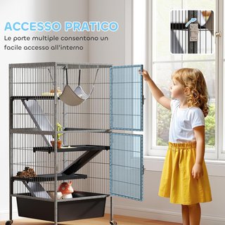 Jaula para Pequeños Animales con Plataformas, Rampas y Hamaca, Ruedas con Freno, Casa para Conejos y Hurones de 4 Niveles, 52X52X115 Cm, Gris