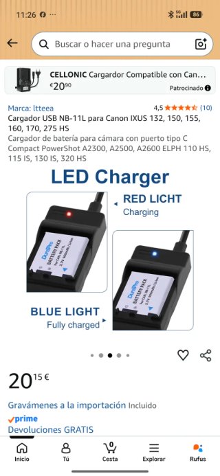 Cargador USB NB-11L Canon IXUS