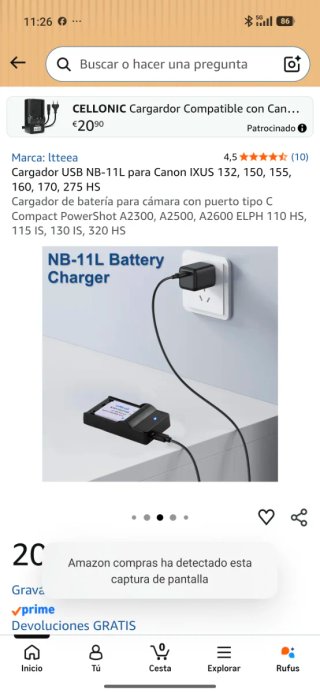 Cargador USB NB-11L Canon IXUS