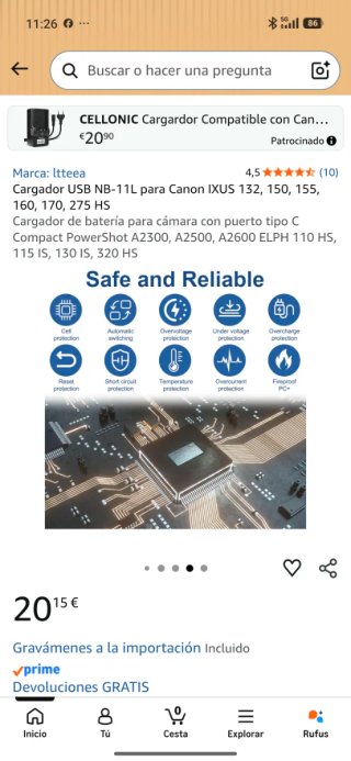 Cargador USB NB-11L Canon IXUS
