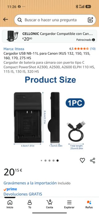 Cargador USB NB-11L Canon IXUS