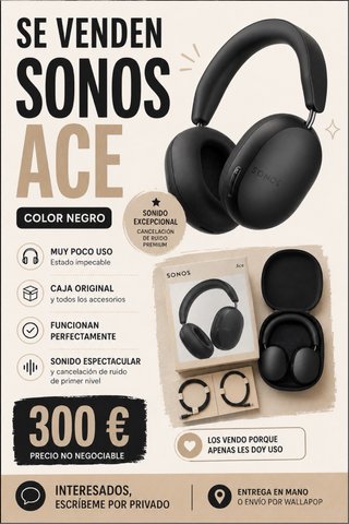 Auricolari Sonos Ace Nero con Cancellazione del Rumore