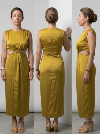 Vestido dorado de fiesta con aberturas.