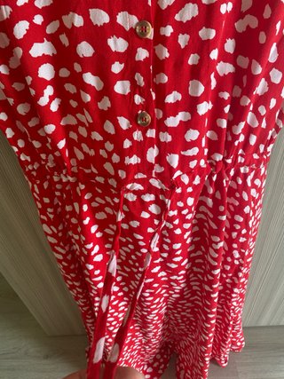 Abito lungo rosso con pois bianchi