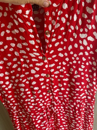 Abito lungo rosso con pois bianchi