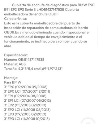 Tapa OBD BMW Serie 1 E87 Serie 3 E90