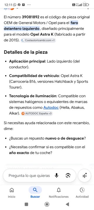 Faro Opel Astra K Izquierdo