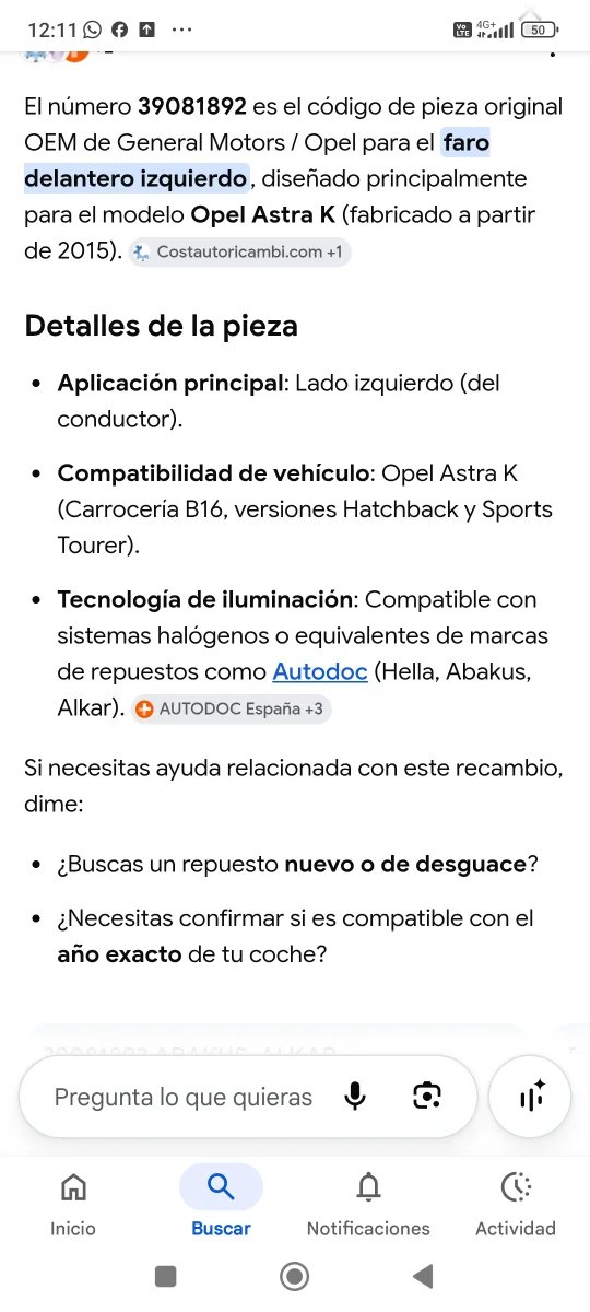 Faro Opel Astra K Izquierdo