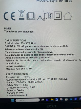 Tocadiscos Inves RP-103B Estilo Retro