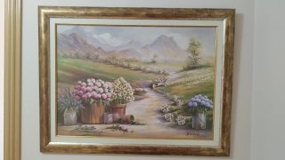 Cuadro Óleo sobre lienzo, paisaje y flores.
