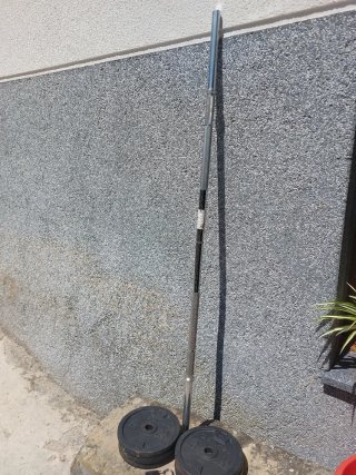 6 Discos de 5kg y barra larga. Peso muerto o pres.