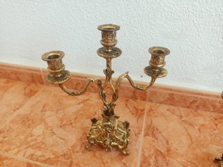 Pareja Candelabros Antiguos Metal Dorado