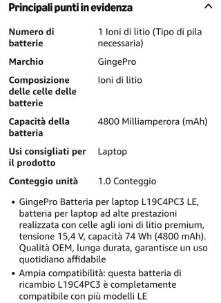 Batteria GingePro L19C4PC3 74Wh 4800mAh 17.6V