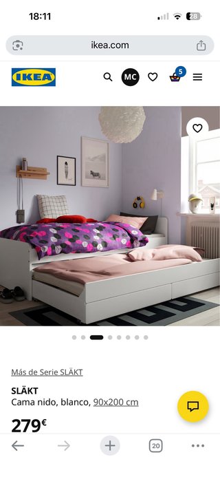 Cama nido IKEA SLÄKT blanca 90x200 cm
