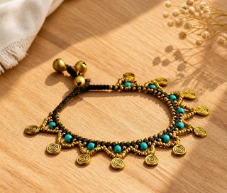 Tobillera bohemia con turquesas y cascabeles