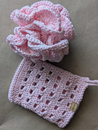 Conjunto Croché Rosa - Esponja e Porta-Sabonete