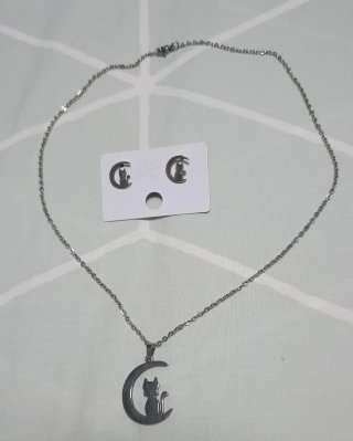Collar y pendientes gato luna plata