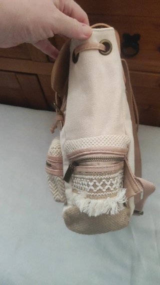 Mochila Lona y Polipiel Beige/Rosa Nueva