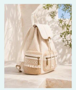 Mochila Lona y Polipiel Beige/Rosa Nueva