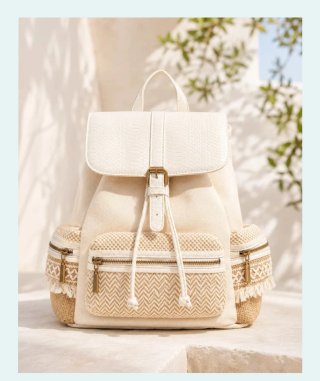 Mochila Lona y Polipiel Beige/Rosa Nueva