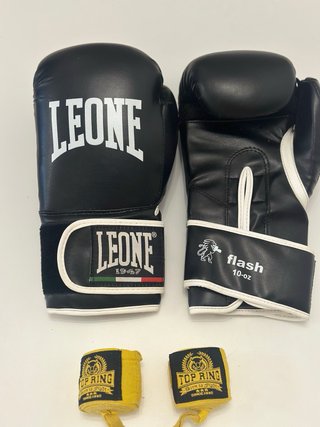 Guantes Boxeo Leone 12oz Negro + Vendas Top Ring