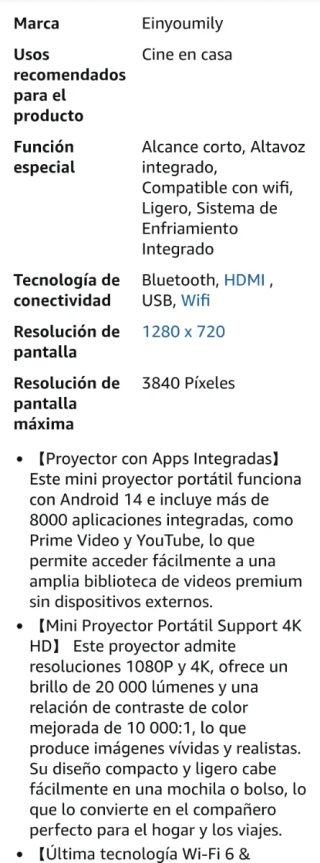 Proyector 4K WiFi Bluetooth Rotación 180° HDMI USB