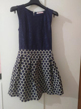 Vestido azul y beige con lunares
