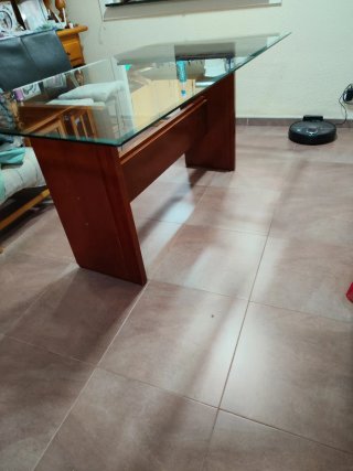 Mesa cristal grueso base madera