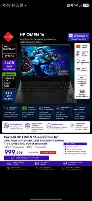 HP Omen 16 ap0033ns Portátil 16 Negro