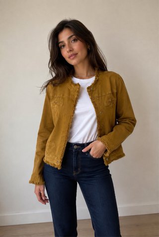 Giacca donna in Denim, color senape e elasticizzat