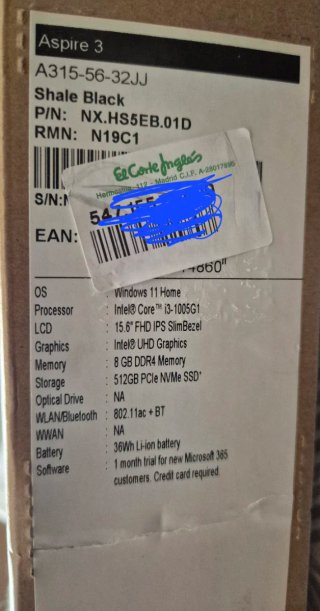 Portátil Acer Aspire 3 ->i3, 8RAM 512SSD REESTRENO