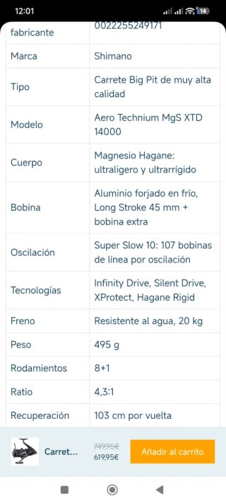 Carrete pesca Shimano Aero Technium MGS 14000 xtd