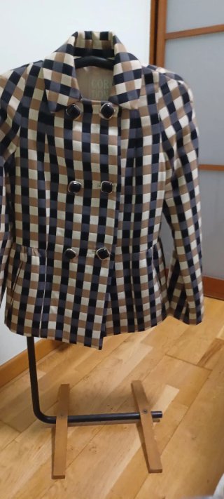 Chaqueta mujer, cuadros beig negro azul blanco