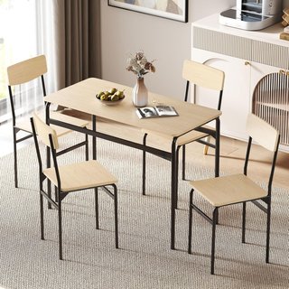 Conjunto de Mesa y Sillas de Comedor de 5 Piezas, Mesa de Comedor Rectangular y 4 Sillas de Madera y Metal, Ahorra Espacio, Diseño Industrial, para Sala de Estar Cocina, Negro y Color Madera