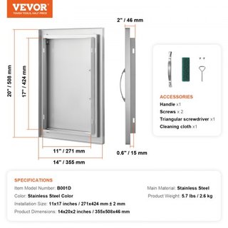 Puerta de Acceso para BBQ, Puerta de Cocina Exterior Individual de 355x508 mm, Puerta Montada a Ras de Acero Inoxidable, Puerta Vertical de Pared con Mango, para Isla de BBQ, Estación de Parrilla,...