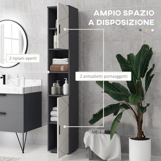 Colonna da Bagno in Agglomerato con 2 Ripiani Aperti e 2 Armadi a 2 Livelli Regolabili, 30x30x183 cm, Grigio Chiaro e Grigio Scuro
