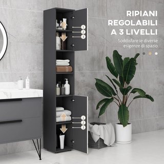 Colonna da Bagno in Agglomerato con 2 Ripiani Aperti e 2 Armadi a 2 Livelli Regolabili, 30x30x183 cm, Grigio Chiaro e Grigio Scuro