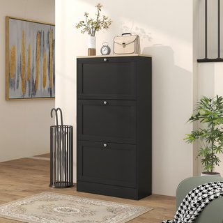 Zapatero Slim Ahorra Espacio Con 3 Puertas Abatibles, Zapatero Moderno de Madera Con Estantes Regulables En 2 Niveles, Porta Zapatos Para 12-18 Pares Con Asa, 60X23.5X115 Cm, Negro