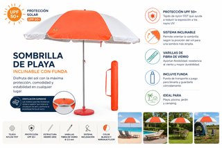Sombrilla playa naranja flúor/blanco Ø160